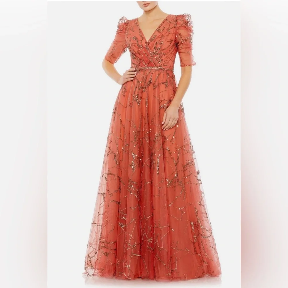 Mac Duggal Coral Beaded Tulle Maxi Gown